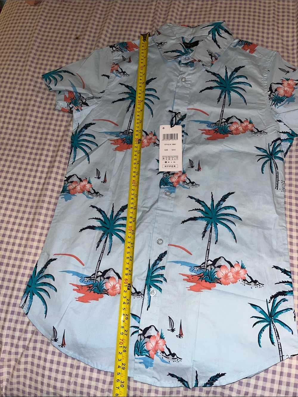 Men's Light Blue Tropical Button-Down Shirt with Palm Print